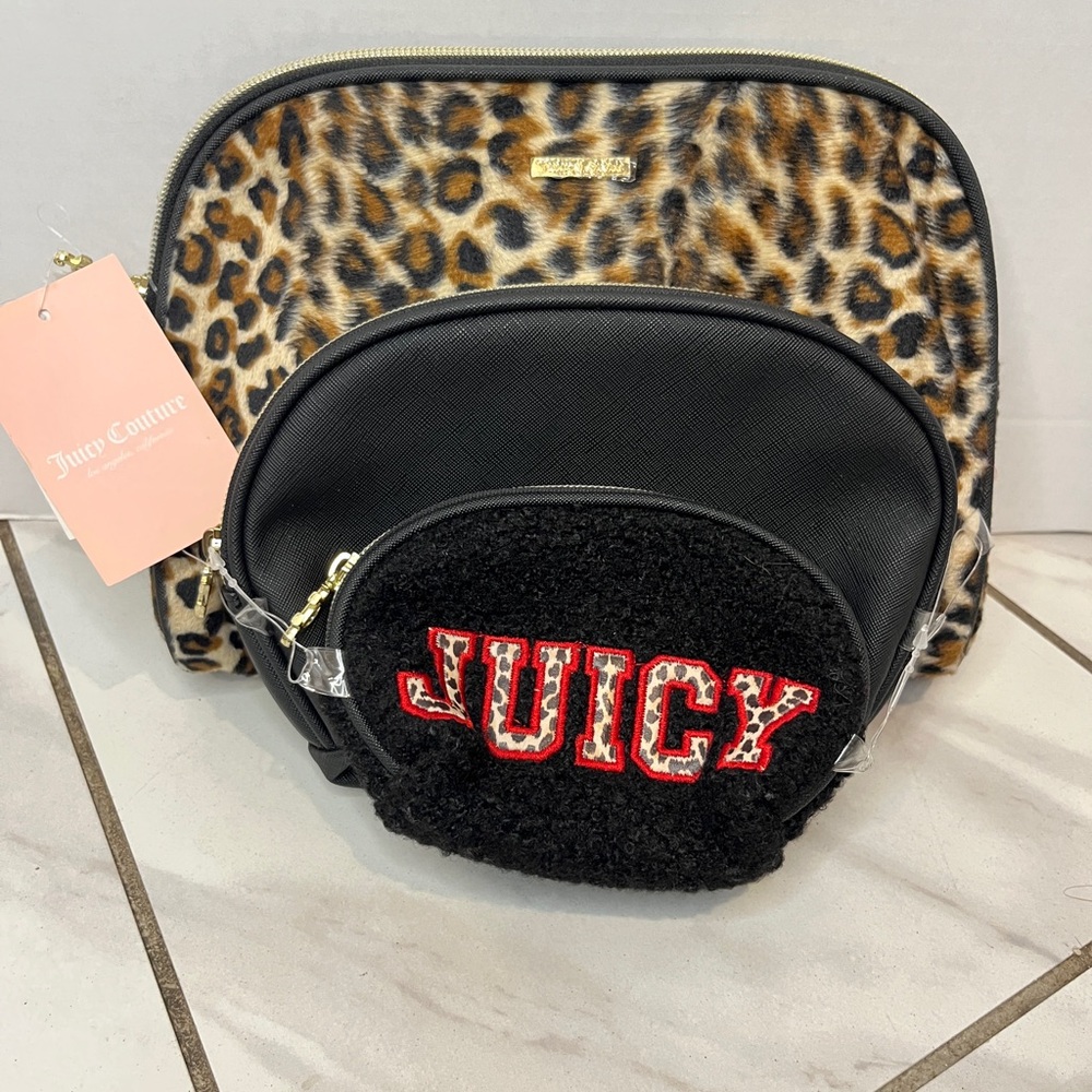 Juicy Couture Set Of 3 Black & Leopard Travel Make Up Toiletry Cosmetic Bags NWT - Picture 2 of 13